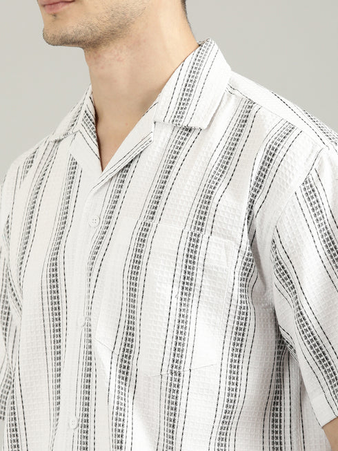 White Striped Short Sleeved Oversized Resort Shirt